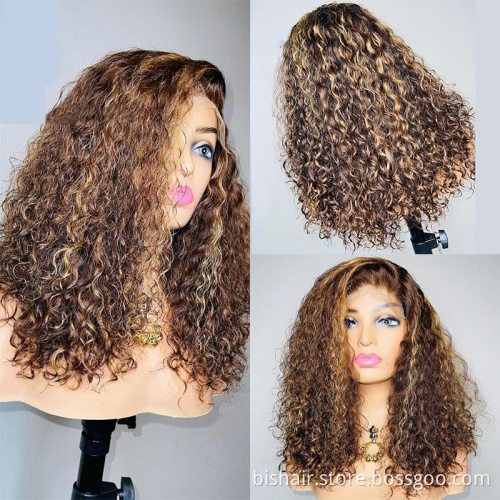 BIS Wholesale Ombre Colored Highlight Short Bob Wig Curly4*4 Lace Front Human Hair Wigs 150% Brazilian Honey Blonde Baby Hair